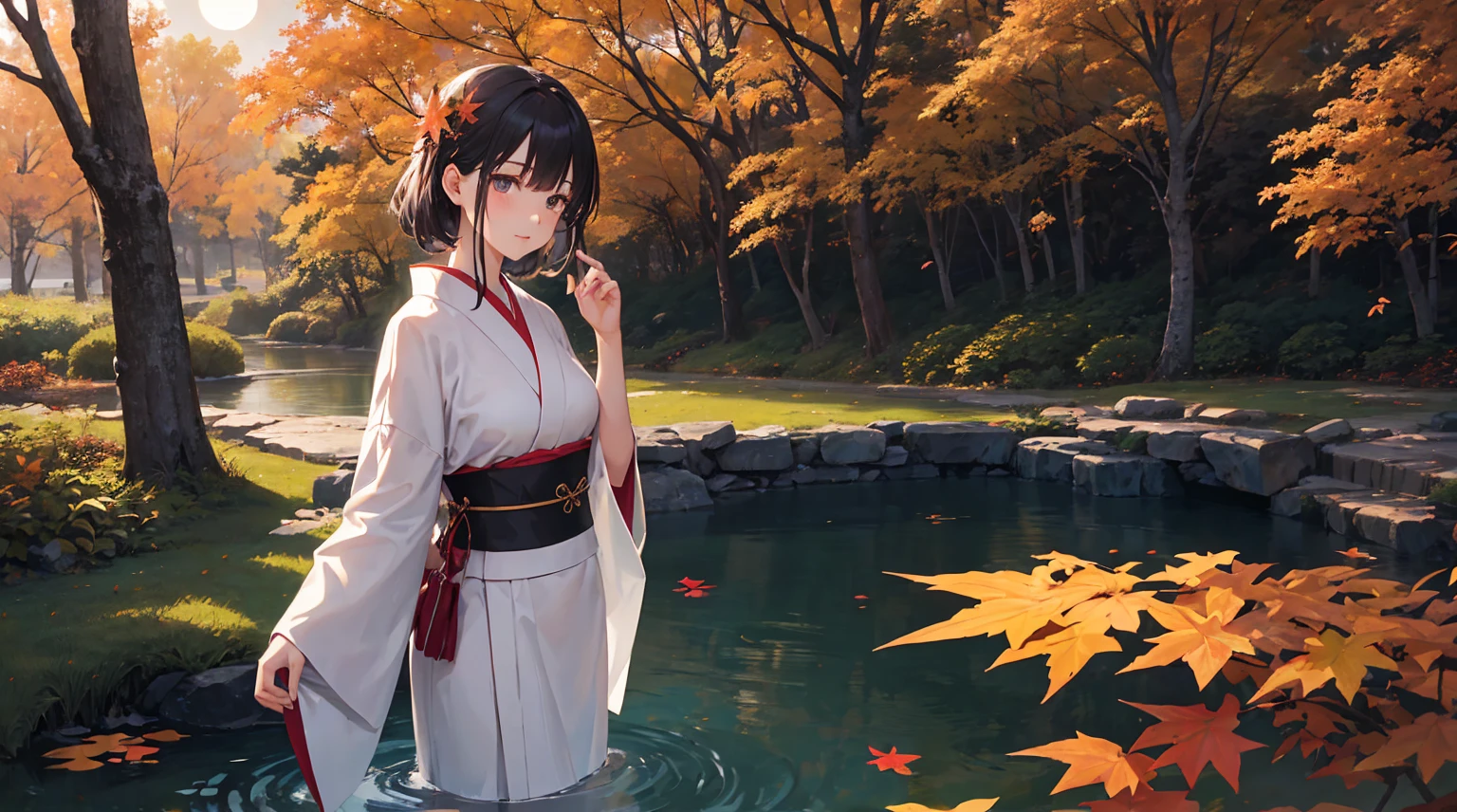 "It depicts an enchanting evening scene depicting a tranquil pond bathed in the hues of fiery autumn foliage.。. The composition is、The maple leaf and the prominent features of the nearby majestic maple tree should be highlighted.。. In the foreground, A Japanese woman in her 40s is standing gracefully, Dressed in a bright white kimono. The kimono accentuates her elegance., Her beauty shines in the moonlight. She has a timeless charm, Capturing the Essence of the Season. A woman looks at a sparkling pond, Autumn leaves reflected on the water surface. Her expression is one of calm contemplation., Immerse yourself in the quiet beauty of the night. A magnificent maple tree is depicted in the background., Branches decorated with shiny leaves that seem to catch the moonlight.. The pond reflects a fantastic scene, Enhance the charm of the moment. The overall configuration is、It should exude a sense of serenity and reverence for natural beauty.。. In this enchanting autumn landscape、Let the enchanting beauty of the woman and the brilliance of the autumn leaves take center stage.。."
