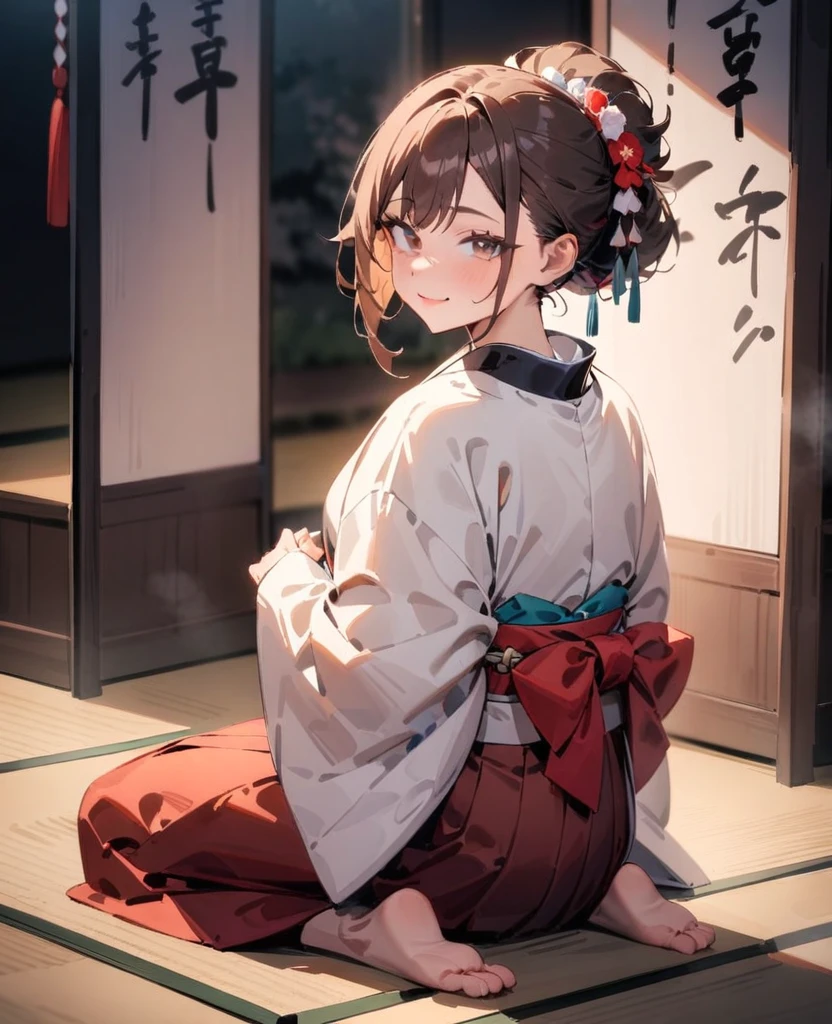 masterpiece, best quality, very aesthetic, absurdres, newest, 1girl, solo, 1girl, solo, looking at viewer, smile, brown hair, tied back, short hair, sitting, japanese clothes, kimono ,hakama, lips, seiza, folding fan, haori, zabuton, stage, folding screen, japanese style
