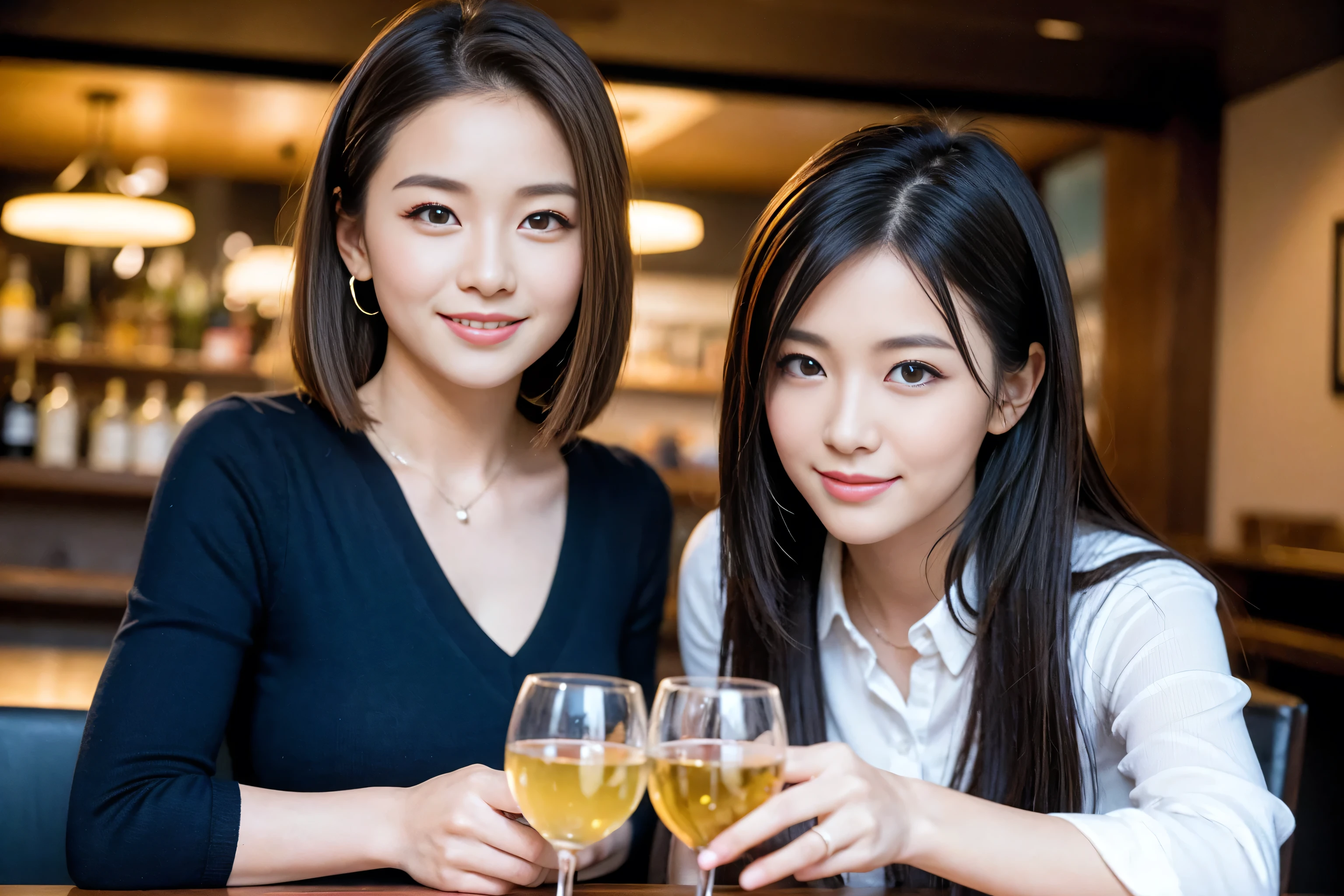 ((highest quality、8k、masterpiece:1.3))、1 male、1 female、Couple、spouse、Couple、The body is slim、((Bob Hale、Straight hair:1.2)), (Realistic, Intricate details:1.2), Wine glass on the table、Shine light on your face、 Amazing view of the sunset sky and clouds、Amazing mountain views、A bright smile、The wonderfulness of smile、Bright image、The beauty of wine, Beautiful Face, blue eyes, The light shines on your face, Blushing, short hair,Bright Face、 (Age 43), 39 years old, red wine 、Appetizers、Italian food、Wine bottle、Champagne、sparkling wine、Two beauties、Brown Hair、Shortcuts、Long sleeve shirt、dress、Pretty Woman 1, (Slim face), (The body is slim), (Brown Hair), (Shortcuts), cheeks turn a little red,Attractive beauty、restaurant, In a prominent place (From the waist up) Nova Frog Style, actress, model, Upper Body, White wine, slim, wine glass, A wine glass placed in the center, smile, (smile: 1.15), Beautiful fine grain, Depth f/2,saturation, High Contrast, Strong light and shadow,Moist Body:1.5、3D texture、Delicate eyes、Brown Hair、The hair is very shiny、