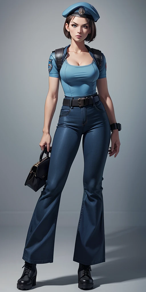 Jill Valentine, masterpiece, best quality, 1girl, solo, standing, jillre1, beret, uniform, shoulder pads, short sleeves, harness, belt, bell-bottom blue pants(Wide flares on pants:1.2), cleavage, black combat boots, full body, perfect blue eyes, perfect red mouth,