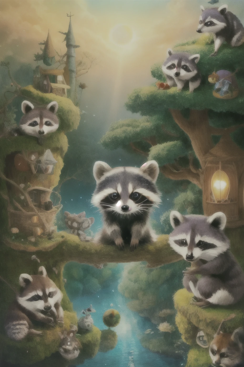 Surrealism、dream-like、 Cute raccoon、Fantasy creatures