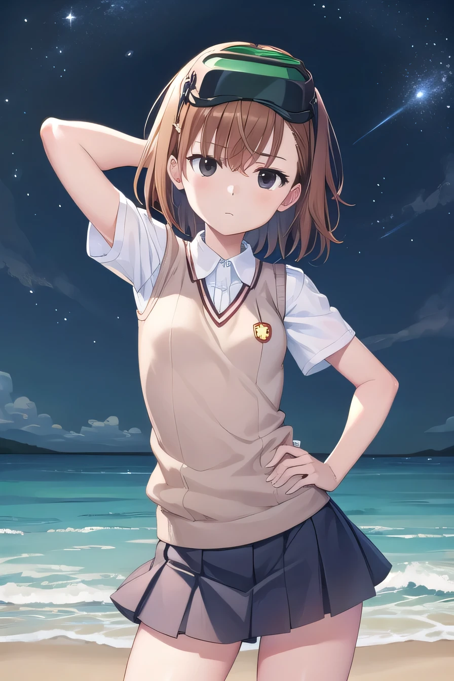 misaka imouto, short hair, brown hair, black eyes, empty eyes, goggles, goggles on head, head-mounted display, sweater vest, shirt, skirt, white shirt, pleated skirt, v-neck, short sleeves, tokiwadai, solo, night sky, beach, arm behind head, hand on hip, contrapposto, spread armpits, closed mouth, (cowboy shot:1.5), looking at viewer,