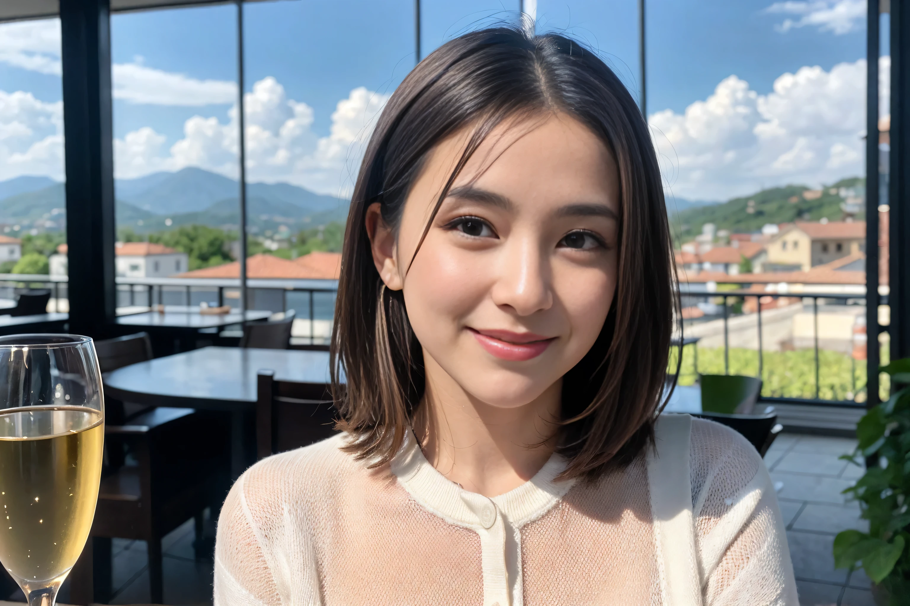 ((highest quality、8k、masterpiece:1.3))、1 male、1 female、Couple、spouse、Couple、The body is slim、((Bob Hale、Straight hair:1.2)), (Realistic, Intricate details:1.2), Wine glass on the table、Shine light on your face、 Amazing view of the sunset sky and clouds、Amazing mountain views、A bright smile、The wonderfulness of smile、Bright image、The beauty of wine, Beautiful Face, blue eyes, The light shines on your face, Blushing, short hair,Bright Face、 (Age 43), 39 years old, red wine 、Appetizers、Italian food、Wine bottle、Champagne、sparkling wine、Two beauties、Brown Hair、Shortcuts、Long sleeve shirt、dress、Pretty Woman 1, (Slim face), (The body is slim), (Brown Hair), (Shortcuts), cheeks turn a little red,Attractive beauty、restaurant, In a prominent place (From the waist up) Nova Frog Style, actress, model, Upper Body, White wine, slim, wine glass, A wine glass placed in the center, smile, (smile: 1.15), Beautiful fine grain, Depth f/2,saturation, High Contrast, Strong light and shadow,Moist Body:1.5、3D texture、Delicate eyes、Brown Hair、The hair is very shiny、