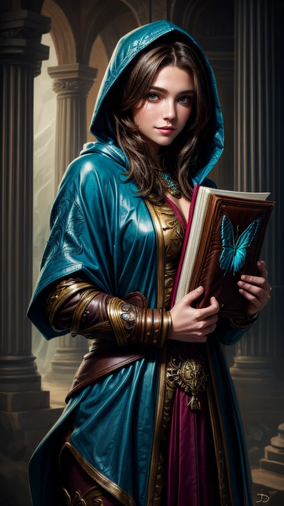 Speed painting of portrait of a fantasy female brunette human adventurer, with a fabric blue hood, in leather armour, in a temple, D&D character, holding a very large leather bound magical book with butterfly on the book cover, slight smile on face.