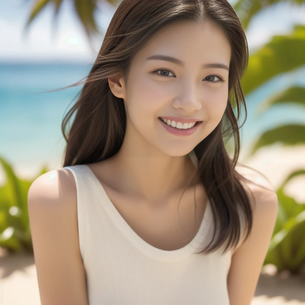 The face of a hostess、British high neck sleeveless knit、High quality、Ultra-realistic、fine、Smiling face、Slim perfect figure、Japanese beauty、 Perfect Eyes、Radiant Skin、Tropical sea background