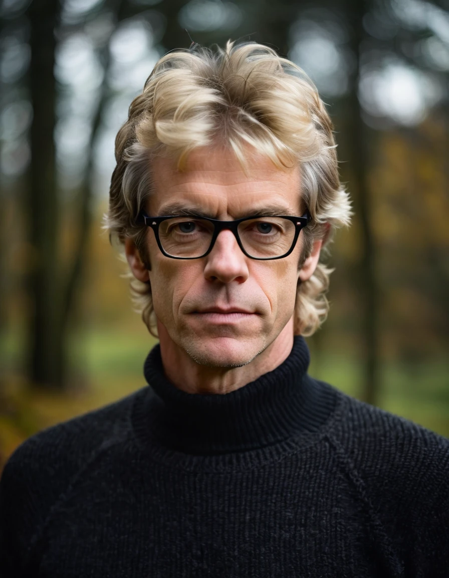 professional photo, closeup portrait photo of 30 yo british [man:Stewart Copeland:0.1], wearing a black sweater, serious face, dramatic lighting, nature, gloomy, cloudy weather, bokeh