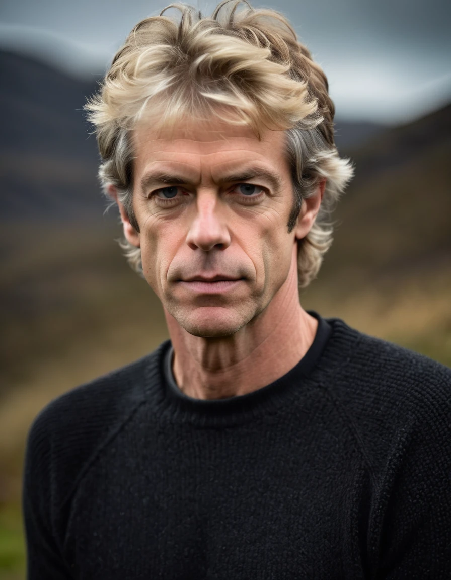 professional photo, closeup portrait photo of 30 yo british [man:Stewart Copeland:0.1], wearing a black sweater, serious face, dramatic lighting, nature, gloomy, cloudy weather, bokeh