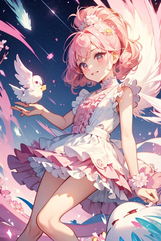 Tamahanatchi has a white body, with a pink flower and a single curled hair on top of her head. She has a beak and two small feet, and wears a pink diaper with dark pink spots and a light yellow frill. SPARKLE; GLITTER