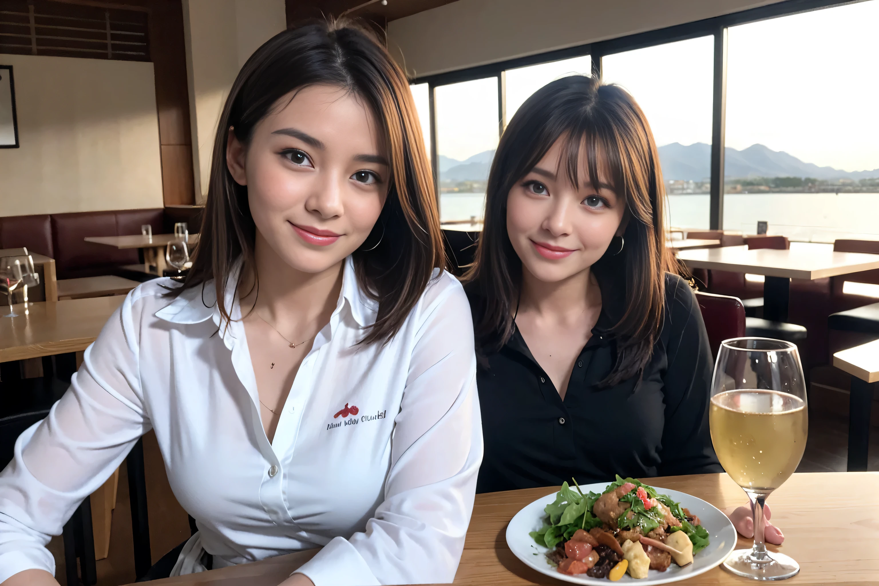 ((highest quality、8k、masterpiece:1.3))、1 male、1 female、Couple、spouse、Couple、The body is slim、((Bob Hale、Straight hair:1.2)), (Realistic, Intricate details:1.2), Wine glass on the table、Put the light on your face、 Amazing view of the sunset sky and clouds、Amazing mountain views、A bright smile、The wonderfulness of smile、Bright image、The beauty of wine, Beautiful Face, blue eyes, The light shines on your face, Blushing, short hair,Bright Face、 (Age 37), 39 years old, red wine 、Appetizers、Italian food、Wine bottle、Champagne、sparkling wine、Two beauties、Brown Hair、Shortcuts、Long sleeve shirt、dress、Pretty Woman 1, (Slim face), (The body is slim), (Brown Hair), (Shortcuts), cheeks turn a little red,Attractive beauty、restaurant, In a prominent place (From the waist up) Nova Frog Style, actress, model, Upper Body, White wine, slim, wine glass, A wine glass placed in the center, smile, (smile: 1.15), Beautiful fine grain, Depth f/2,saturation, High Contrast, Strong light and shadow,Moist Body:1.5、3D texture、Delicate eyes、Brown Hair、The hair is very shiny、