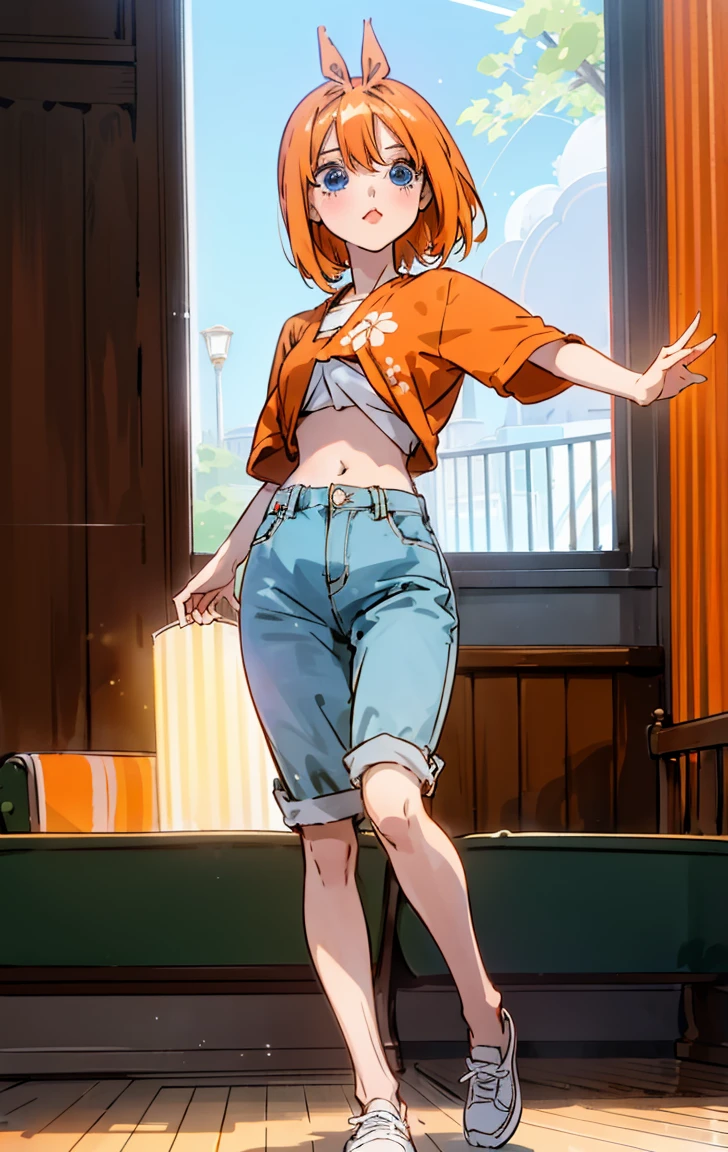 yotsuba Nakano, Official art、Beautifully Aesthetic:1.2)、patterns、Hair spreads throughout、4k, excellent quality, Ultra Detail, Soft Light, Deep Focus Bokeh, Ray Tracing, --niji 5. Nakano yotsuba from the quintessential quintuplets, yotsuba Nakano, short orange hair, blue eyes, nakano_yotsuba, , green ribbon,, splendid, iridescent, dynamic pose, moving, excellent character design, full body pose, full body, full body shot, perfect face, neat, clean, perfect definition aayotsuba, short hair,bangs,hair between eyes, (casual outfit), jeans shorts, crop top, sneakers, cute casual outfit