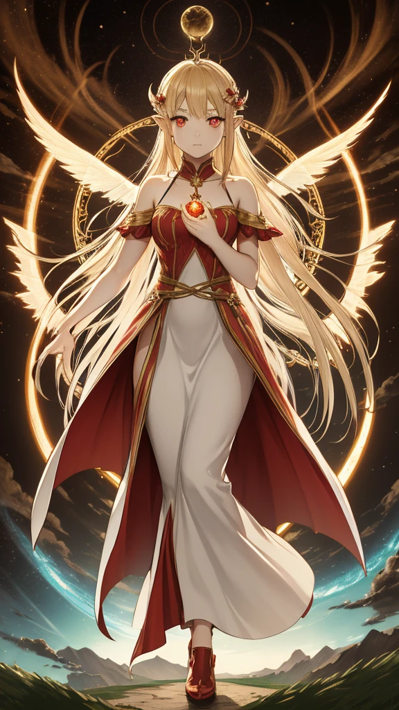 Fairy girl with wings and a fire orb in hand, red ring in finger, Classic Long Dress, Fairy Wings, Red eyes and Blonde Hair, Golden Hair, Serious face, detailed hands, magic, arcane powers, RPG Character, pointy ears, look serious, casting a spell, walking in nature, horizon behind, city, 4k, full hd, detailed image, high quality image