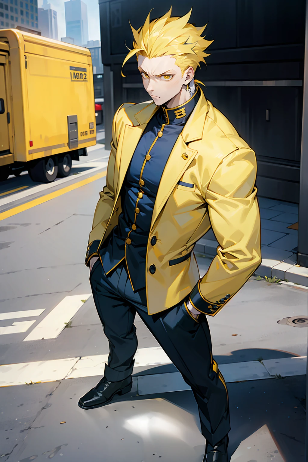 1male , Muscular , Adult Male , Pale Skin , Yellow Eyes , Pale Blue Hair , Yellow Highlighted Hair , Serious Expression , Modern city background , Standing on sidewalk , Dark Blue Gakuran
