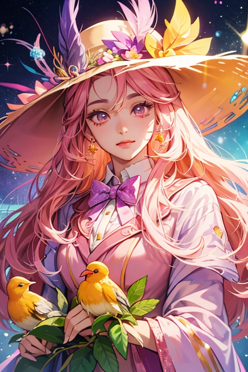Tamaladytchi resembles a light pink  wearing a violet suit and wide-brimmed hat. She has  eyes with eyelashes and an orange beak, she has a dark pink bow tie, and her suit has multicolored diamonds. On top of her hat is a green bush filled with flowers. SPARKLE; GLITTER