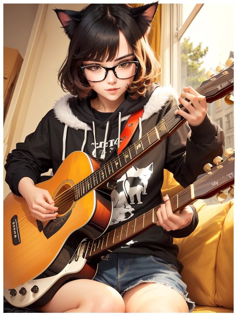 Cat wearing black glasses，playing guitar