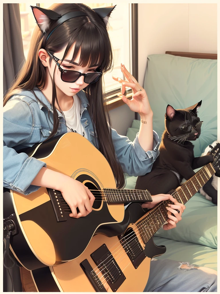 Cat wearing black glasses,playing guitar