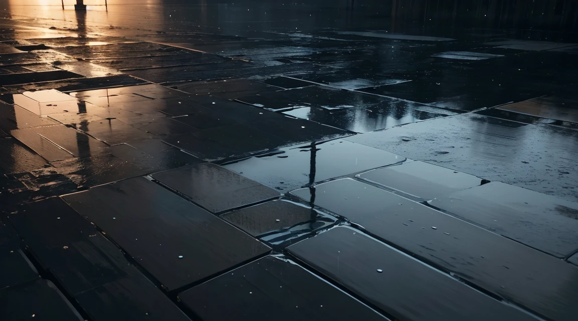 Rain pours down on the mirror-like surface of the water, and it has been raining for a long time, raining all the time, (Photographic, Best Quality, High Quality, Highres:1.4), Detailed, Extremely Detailed, Ambient Soft Lighting, 4K, Background, Depth of Field,