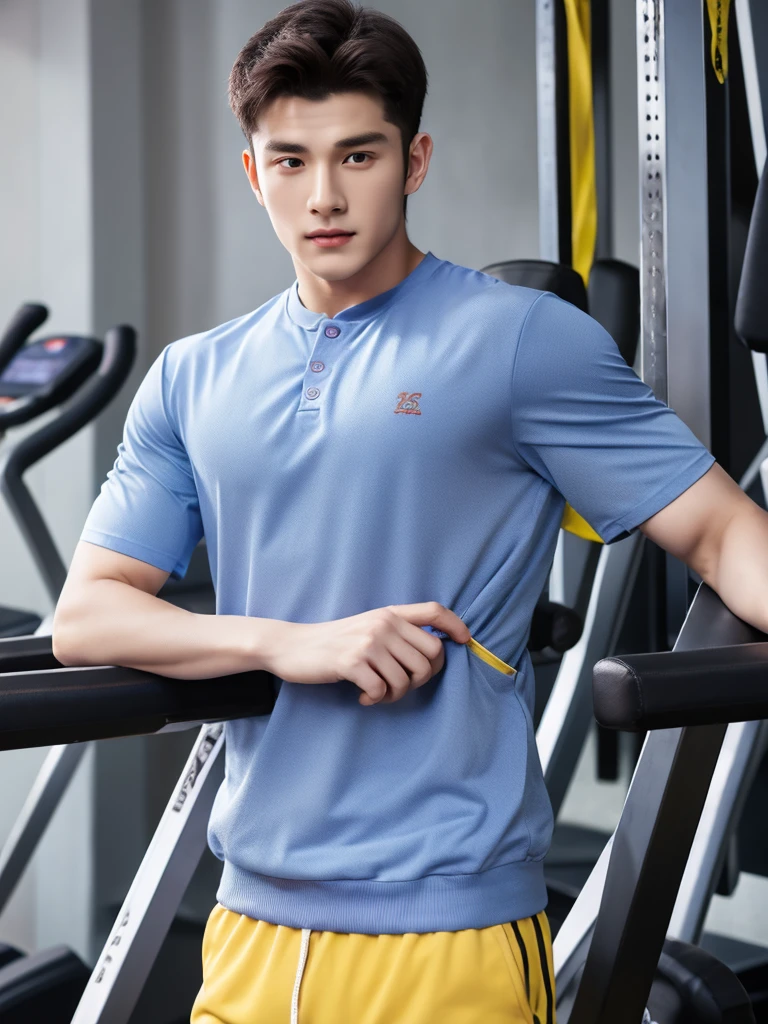 25-year-old man, wearing light blue shirt and loose-fitting violet gym pants with yellow, European fit man, fit man, hot man, handsome actor, Zheng Yecheng, HDR