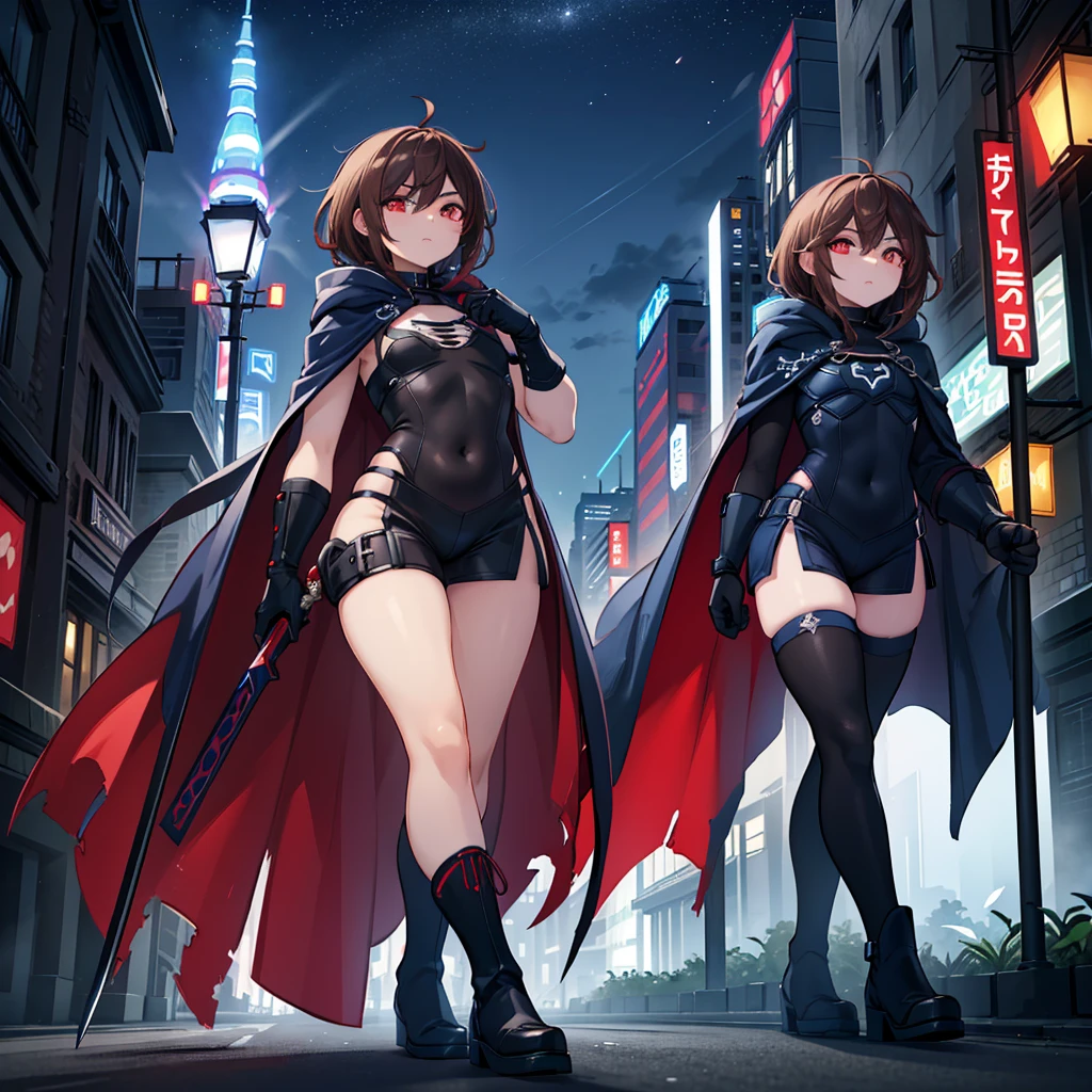 (masterpiece), (best quality), (high res) Solo, (perfect anatomy) 1boy, Femboy, superhero, crossdresser man, ager, with a (dark blue with red accents full body Spandex crow themed suit), a blue cape, (blue glowing decal in the chest), black gloves,  black boots that resemble crow feet, and a hoodie, (long technological red sword), (brown skinned), red eyes, feminine shoulder length dark brown hair, (wide hips), (thick thighs) , (flat chest), (narrow waist), (suggestive pose), walking down street, (futuristic city), (night)