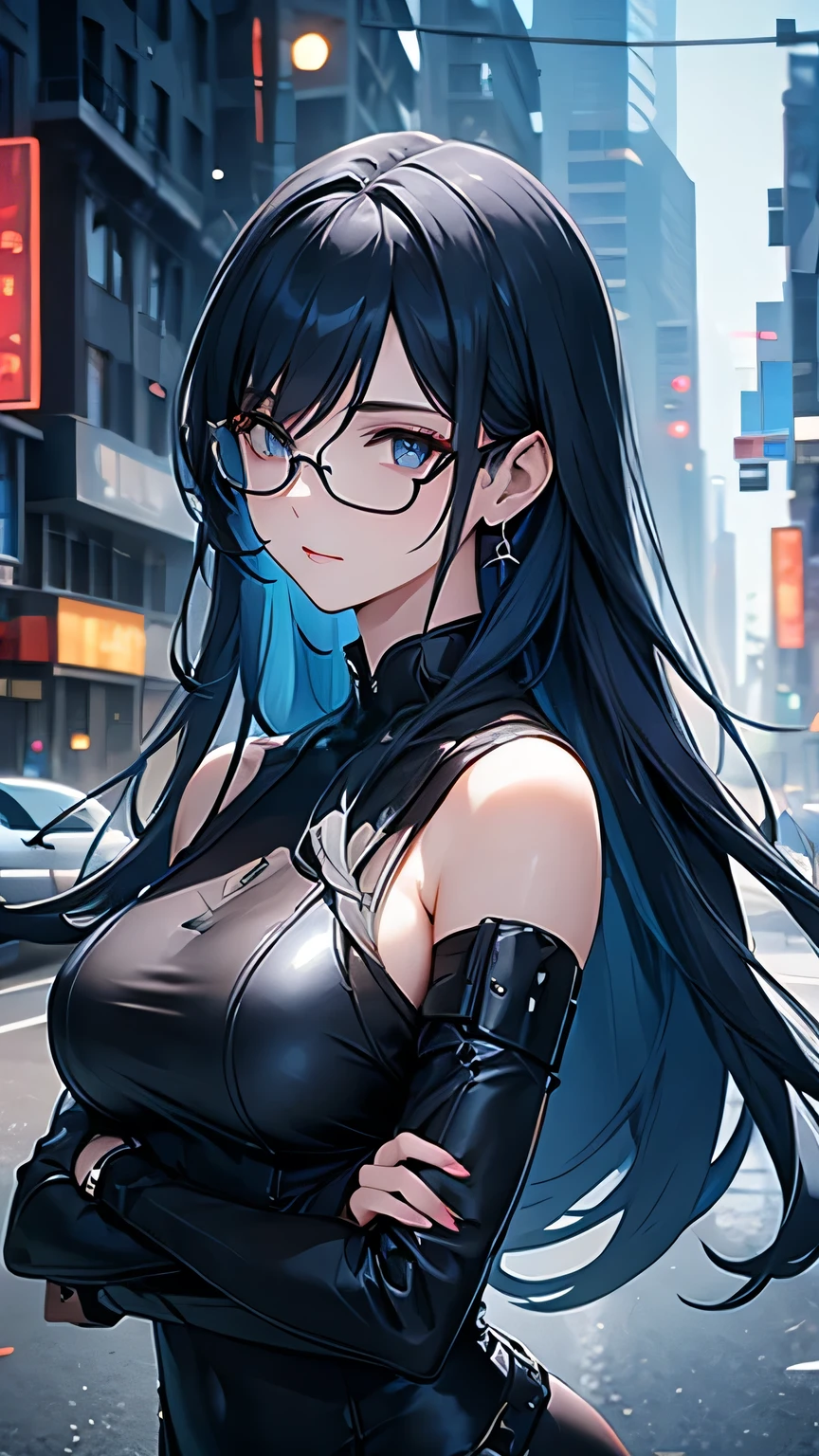 dark blue hair, long hair, swept bangs, jewelry, hairpods, rimless eyewear, cinematic lighting, UHD, masterpiece, accurate, high quality, highres, best quality, high details, super detail, off-Shoulder, red bodysuit, science fiction, cyberpunk, ruined city, buildings, midnight, arms crossed