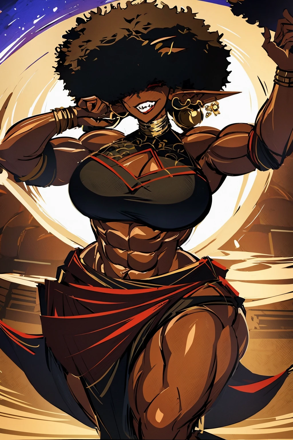 (masterpiece, best quality:1.2),1 girl, voluptuous body, full body, masterpiece, dominant pose, good anatomy, no extra limbs, big ass, thick thighs, black hair, voluminous afro, pointy ears, gold earrings, black top with red details, black skirt with red details, gold necklaces hair covering eyes no eyes