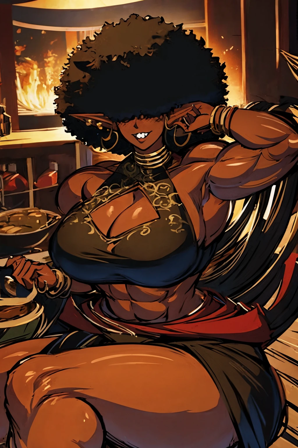 (masterpiece, best quality:1.2),1 girl, voluptuous body, full body, masterpiece, dominant pose, good anatomy, no extra limbs, big ass, thick thighs, black hair, voluminous afro, pointy ears, gold earrings, black top with red details, black skirt with red details, gold necklaces hair covering eyes no eyes
