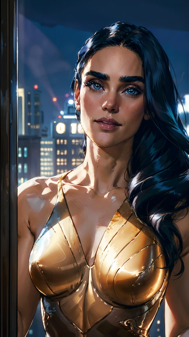 Masterpiece, Jennifer Connelly, cowboy shot, wearing a sexy Raven leotard, perfect detailed eyes, delicate smile on your face, on the top of a loft in Los Angeles City at night with buildings and lights in the background bringing an elegant and modern air to the scene.