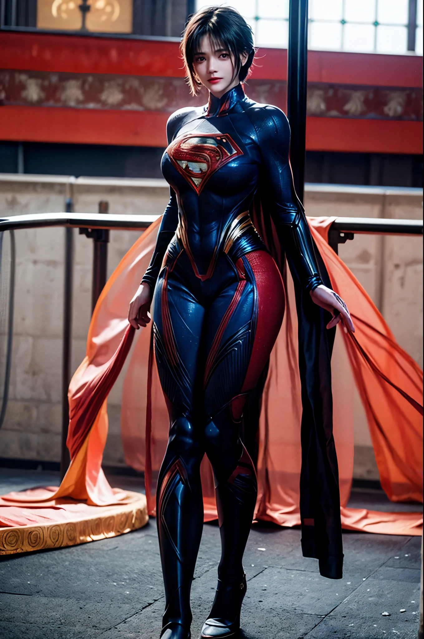 This is an artistic digital illustration portraying the bust of a female figure with supergirl costume and cybernetic enhancements and an elaborate mechanical headdress. (supergirl costume) The figure's facial expression is passive yet intense, with striking red eyes and blue makeup accentuating her features against the contrasting cool metallic tones of the machinery. Rich in detail, the artwork blends organic and mechanical aesthetics, combining smooth human skin with intricate gears, wires, and dripping,  Chinese aesthetic landscape  background as an RPG game asset, unreal engine, 