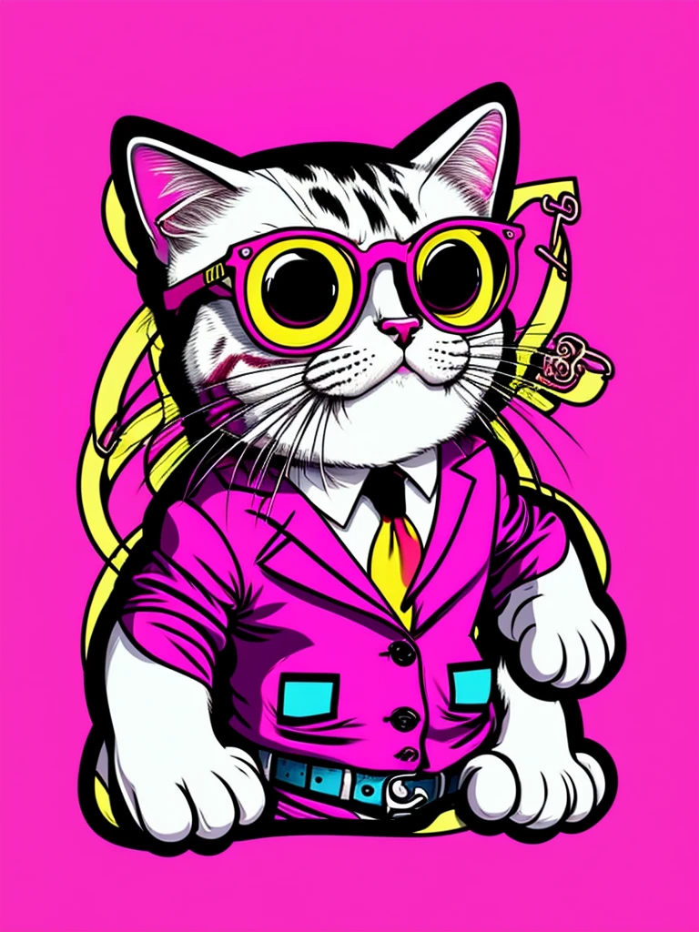[ pink background] a cat with glasses and a suit, cartoon style, caricature illustration, ultra-detailed, cartoon!!!, inspired by the art Bored Ape Yacht Club, hippie, cartoon, [profile photo style], [ half of the body]