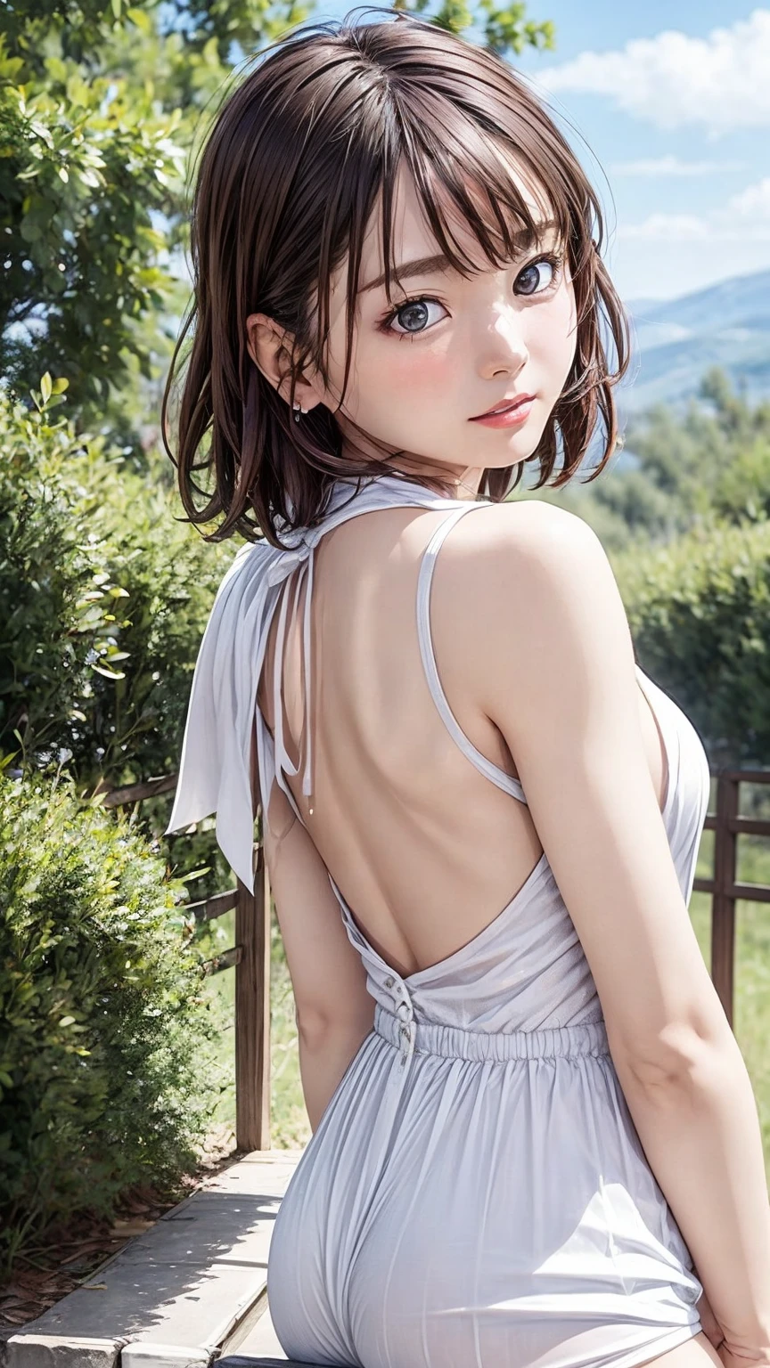 8k,White girl、Background Blur、super high quality、sunlight、Fair-skinned beautiful girl、、Young Breasts、Small breasts、Clear contours、Adult atmosphere、High Resolution Skins、Fair and beautiful thighs、Young Face、Innocent face、Use hair accessories to hold your hair together、Well-formed face、Wet lips、Naked with low rise overalls、Leaning against the ranch fence、My whole body is wet、Healthy legs、Beautiful naked back、Front high angle shot