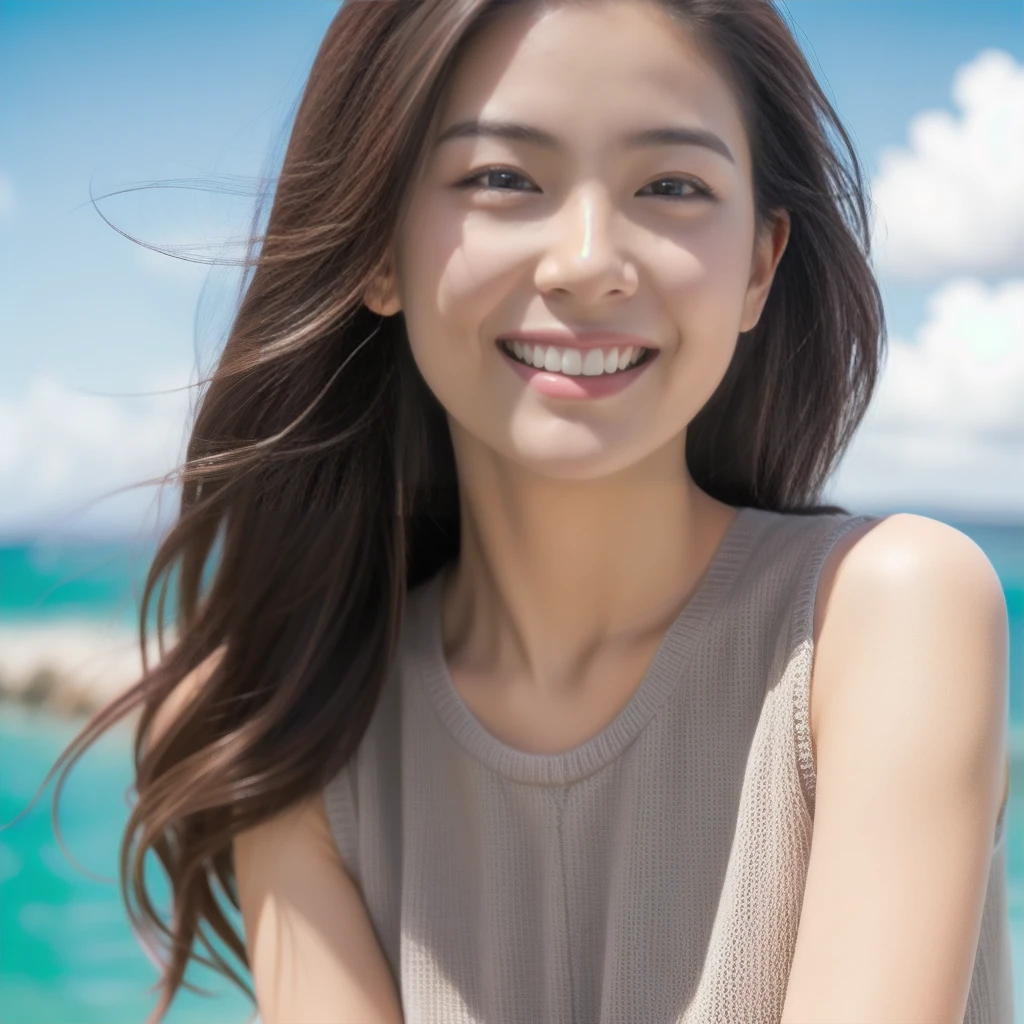 The face of a hostess、British high neck sleeveless knit、High quality、Ultra-realistic、fine、Smiling face、Slim perfect figure、Japanese beauty、 Perfect Eyes、Radiant Skin、Tropical sea background