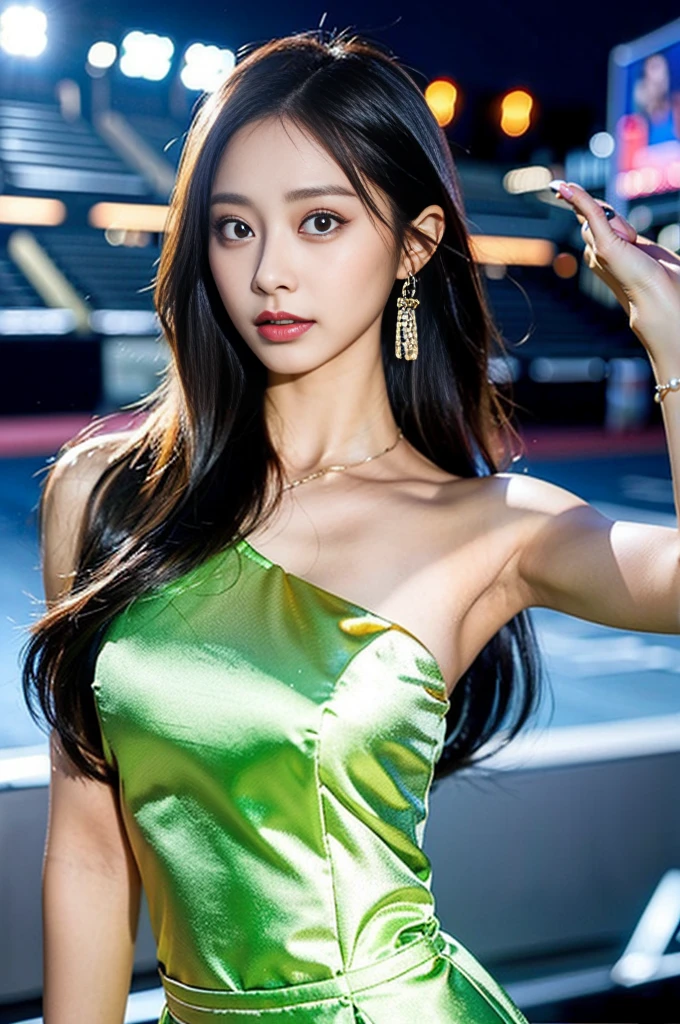 Tzuyu 1, woman, (Realistic), (Hyperrealism), (photoRealistic), Written boundary depth, eye make up:0.7 (whole body:1.2), (Large Bust),(Tight waist), Observe the audience,In the pits of a race track, Race Queen, A sexy dress with open shoulders and neckline