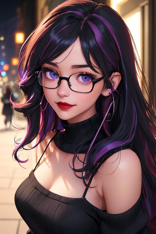 (best quality, masterpiece, perfect face, beautiful and aesthetic:1.2, colorful, dynamic angle, highest detailed face), 20 years old girl, medium, flirting on camera, 35mm, bokeh, 9:16, neon city, colorful lights, (intricate details, hyperdetailed:1.15), (high contrast, official art, extreme detailed, highest detailed), perfect face, female, gamer girl, aqua eyes, wearing red lipstick, light smile, medium black wavy hair, wavy hair with purple highlights, wearing headphones, nerdy glasses, with black frames, bangs, she is wearing a white off-shoulder sweater, black skirt, thigh-highs, sleeves past fingers, nighttime, alley way, 3/4 body view