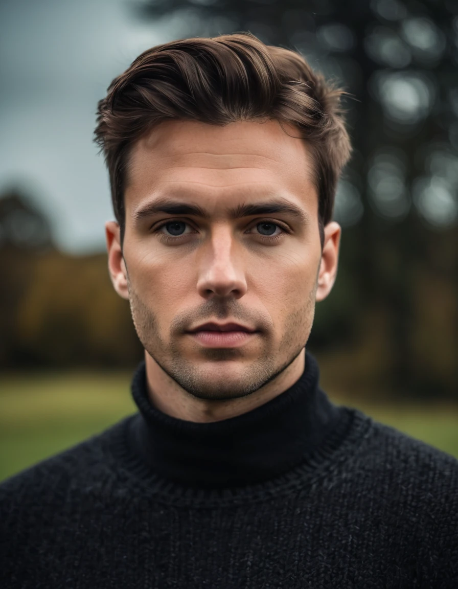 professional photo, closeup portrait photo of 30 yo british [man:Andy Summer:0.1], wearing a black sweater, serious face, dramatic lighting, nature, gloomy, cloudy weather, bokeh