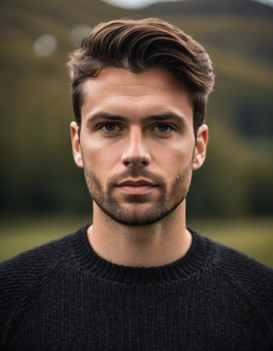 professional photo, closeup portrait photo of 30 yo british [man:Andy Summer:0.1], wearing a black sweater, serious face, dramatic lighting, nature, gloomy, cloudy weather, bokeh