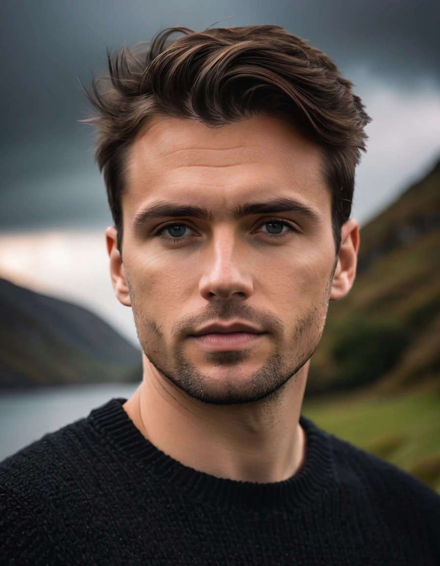 professional photo, closeup portrait photo of 30 yo british [man:Andy Summer:0.1], wearing a black sweater, serious face, dramatic lighting, nature, gloomy, cloudy weather, bokeh