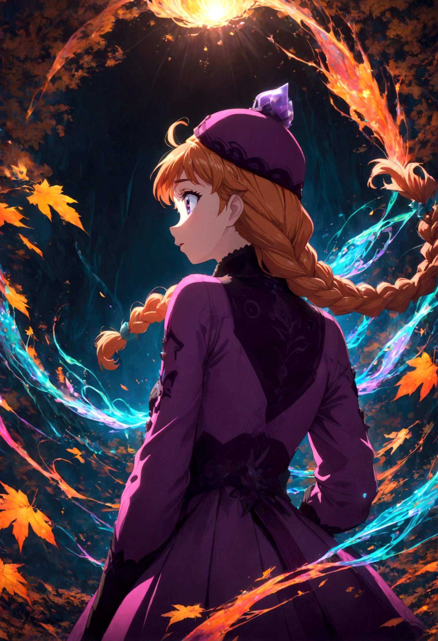 1girl, Anna \(frozen\), Anna of arendelle, purple cap, twin braids, winter mountain outfit, twin braids, braid, orange hair, solo, upper body, long hair, worm light, solo, disney, (Back View, from behind:1.4), autumn, anime screenshot, source_anime, dramatic composition, cinematic dynamic action scene, vibrant colors, cinematic lighting, dramatic lighting, best quality, masterpiece, very aesthetic, perfect composition, intricate details, ultra-detailed