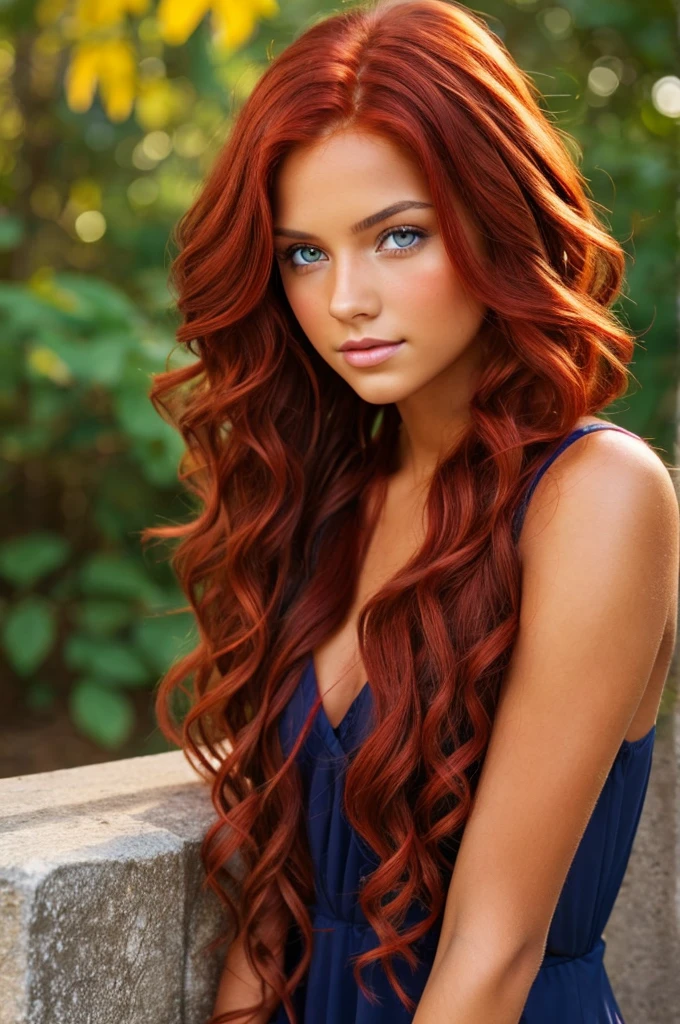 a beautiful young woman with tanned skin, long, curly crimson-red hair and dark blue eyes