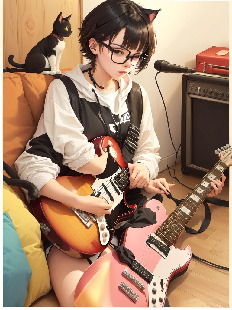 A cat wearing black glasses,playing guitar