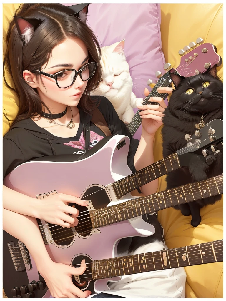 A cat wearing black glasses,playing guitar