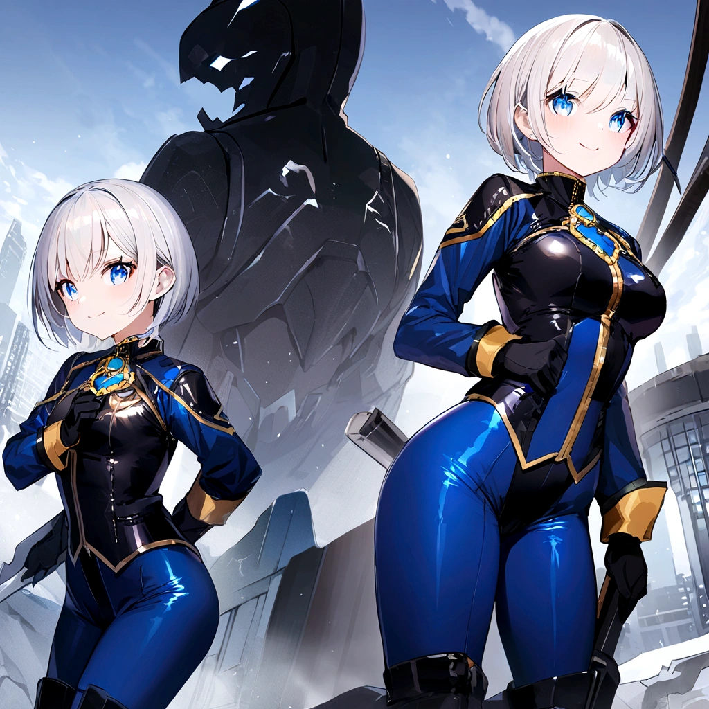 Best Quality，T Masterpiece，Ultimate resolution，１８Old female fighter，Slender、Very slim、Small face、cute、（Kneeling pose），Super Short Hair，((Shiny patent leather tight black combat uniform:1.0))，White Blonde Hair、Tight Suit，gloves、Steel City Background，night