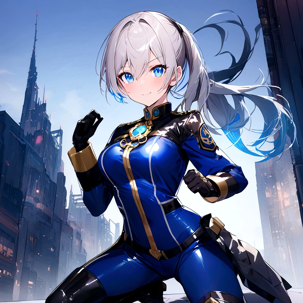 Best Quality，T Masterpiece，Ultimate resolution，１８Old female fighter，Slender、Very slim、Small face、cute、（Kneeling pose），Super Short Hair，((Shiny patent leather tight black combat uniform:1.0))，White Blonde Hair、Tight Suit，gloves、Steel City Background，night