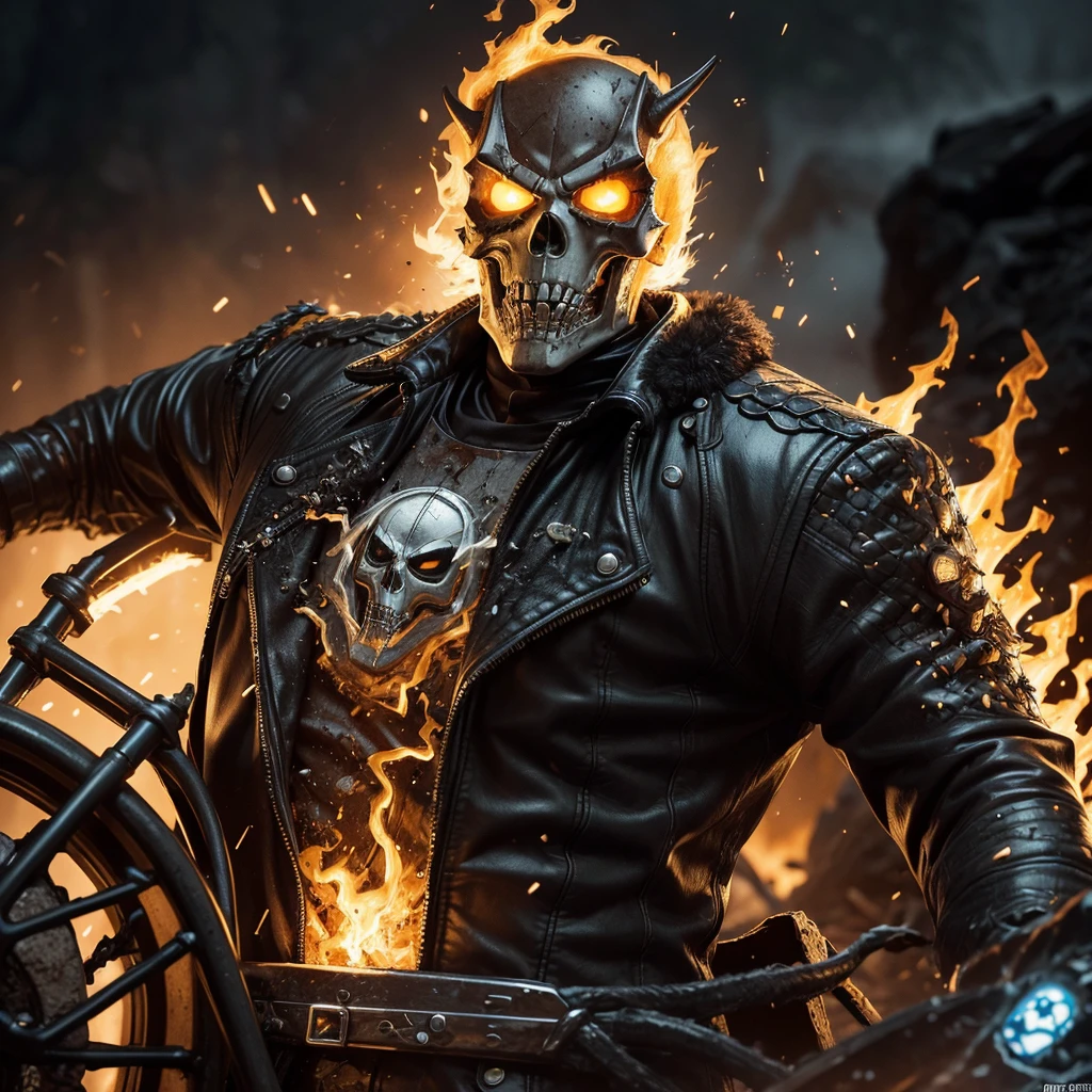 Close-up (Ghost Rider from Marvel in Viking style: 1.3) emerging from wet black mud, extremely detailed, smoke, sparks, metal shavings, flying debris, volumetric light