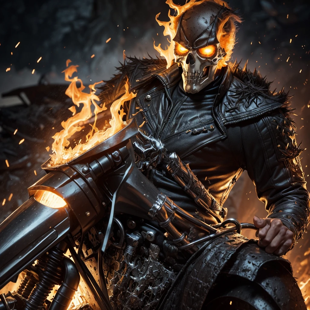 Close-up (Ghost Rider from Marvel in Viking style: 1.3) emerging from wet black mud, extremely detailed, smoke, sparks, metal shavings, flying debris, volumetric light