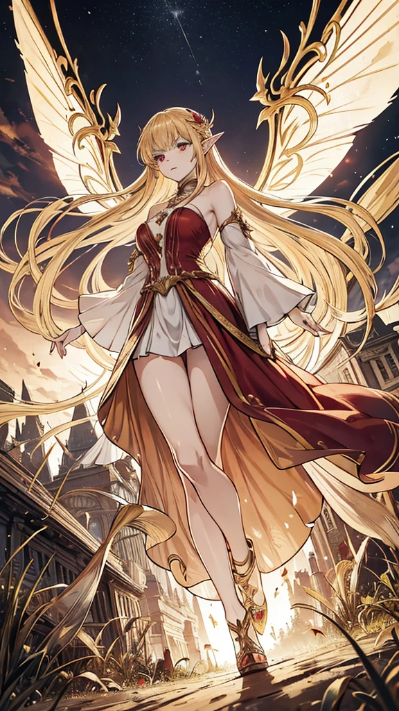 Fairy girl with wings and a fire orb in hand, red ring in finger, Classic Long Dress, Fairy Wings, Red eyes and Blonde Hair, Golden Hair, Serious face, detailed hands, magic, arcane powers, RPG Character, pointy ears, look serious, casting a spell, walking in nature, horizon behind, city, fire, 4k, full hd, detailed image, high quality image