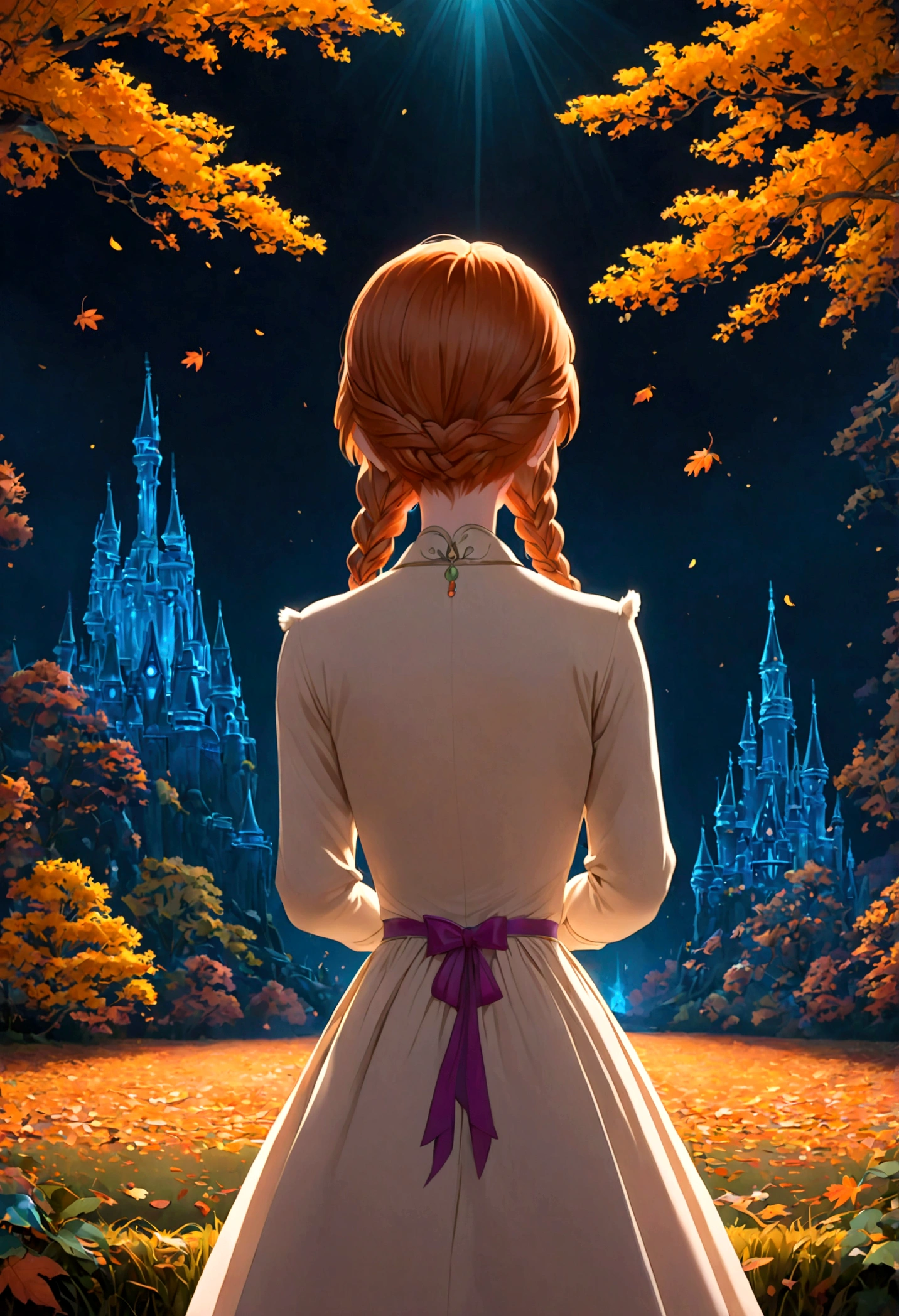 1girl, Anna \(frozen\), Anna of arendelle, cream jacket, cream pumps, updo, white dress, solo, twin braids, braid, orange hair, upper body, long hair, worm light, solo, disney, (Back View, from behind:1.4), autumn, anime screenshot, source_anime, dramatic composition, cinematic dynamic action scene, vibrant colors, cinematic lighting, dramatic lighting, best quality, masterpiece, very aesthetic, perfect composition, intricate details, ultra-detailed