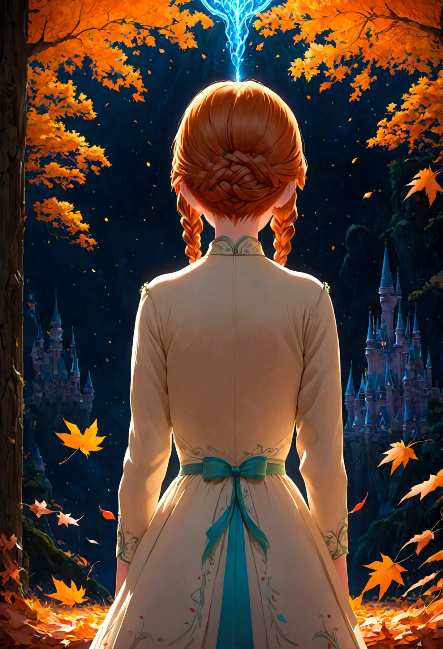 1girl, Anna \(frozen\), Anna of arendelle, cream jacket, cream pumps, updo, white dress, solo, twin braids, braid, orange hair, upper body, long hair, worm light, solo, disney, (Back View, from behind:1.4), autumn, anime screenshot, source_anime, dramatic composition, cinematic dynamic action scene, vibrant colors, cinematic lighting, dramatic lighting, best quality, masterpiece, very aesthetic, perfect composition, intricate details, ultra-detailed