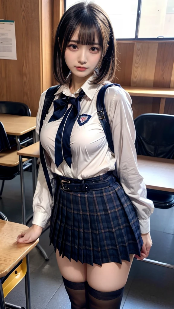 masterpiece, best quality, illustration, Super detailed, fine details, High resolution, 8K,wall paper, perfect dynamic composition,(Details High quality, realistic depiction of eyes:1.3), from side, High School Classroom、High school girl uniform、blazer 、Super Short Check Uniform Skirt、Navy blue high socks、garterbelts、Colossal tits、Disturbed uniform, short bob hair, black hair color, huge breasts, Big Natural Color Lip, bold sexy pose, (perfect body shape), crying a little、Harajuku style、20 year old girl、 beautiful legs, hposing Gravure Idol, Voluptuous thighs