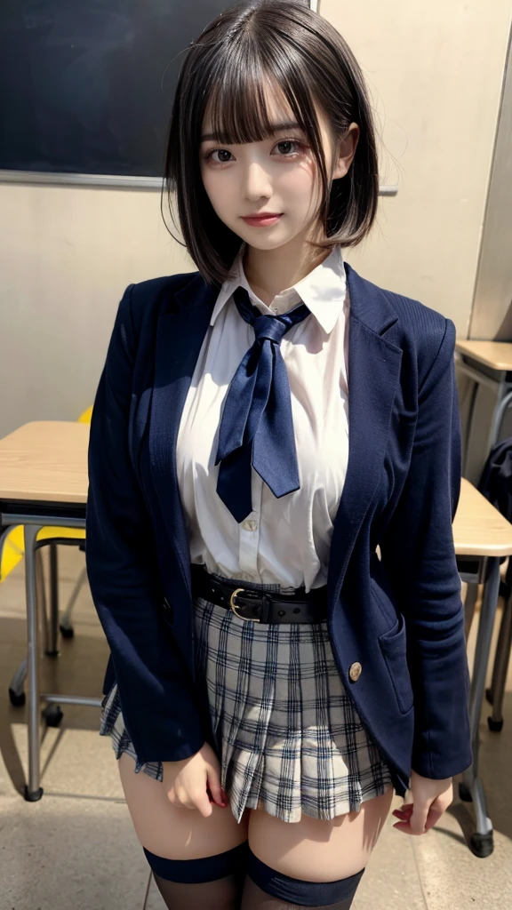 masterpiece, best quality, illustration, Super detailed, fine details, High resolution, 8K,wall paper, perfect dynamic composition,(Details High quality, realistic depiction of eyes:1.3), from side, High School Classroom、High school girl uniform、blazer 、Super Short Check Uniform Skirt、Navy blue high socks、garterbelts、Colossal tits、Disturbed uniform,  short bob hair, black hair color, huge breasts, Big Natural Color Lip, bold sexy pose, (perfect body shape), crying a little、Harajuku style、20 year old girl、 beautiful legs, hposing Gravure Idol, Voluptuous thighs