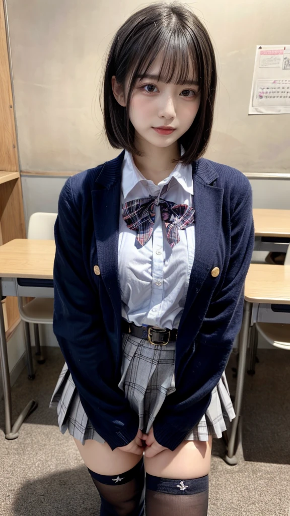masterpiece, best quality, illustration, Super detailed, fine details, High resolution, 8K,wall paper, perfect dynamic composition,(Details High quality, realistic depiction of eyes:1.3), from side, High School Classroom、High school girl uniform、blazer 、Super Short Check Uniform Skirt、Navy blue high socks、garterbelts、Colossal tits、Disturbed uniform, short bob hair, black hair color, huge breasts, Big Natural Color Lip, bold sexy pose, (perfect body shape), crying a little、Harajuku style、20 year old girl、 beautiful legs, hposing Gravure Idol, Voluptuous thighs