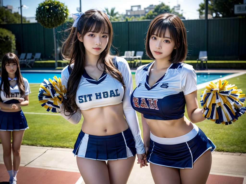 (RAW photo, 4k, masterpiece, high resolution, extremely complex) (realistic: 1.4), cinematic lighting
((2 girls, 2 schoolgirls)),blushing,((innocent)),bright eyes,round eyes,blunt bangs,(short bob hair:1.3),black hair,large breasts,wide hips,Summer Noon, ,Hot, (Best Quality), (Highres), (an Extremely Delicate and Beautiful),(Beautiful 8k face),(Brown eyes),( spectators),(gigantic breasts),(Play with each other,Touching each other's bodies,Touching the body),(cheer girl:1.5),(a miniskirt),(reality),bright lighting,(The background is a luxury hotel room)